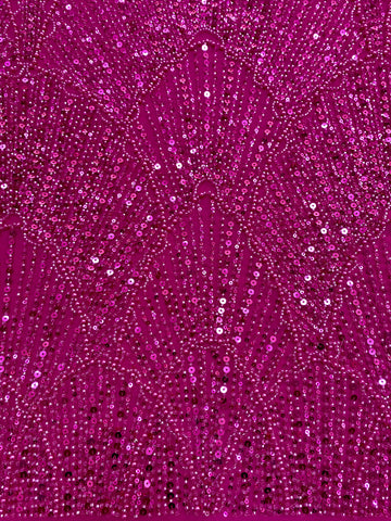 Dantela Couture Fucsia geometriai mintával, gyöngyökkel, gyöngyöcskékkel és flitterekkel