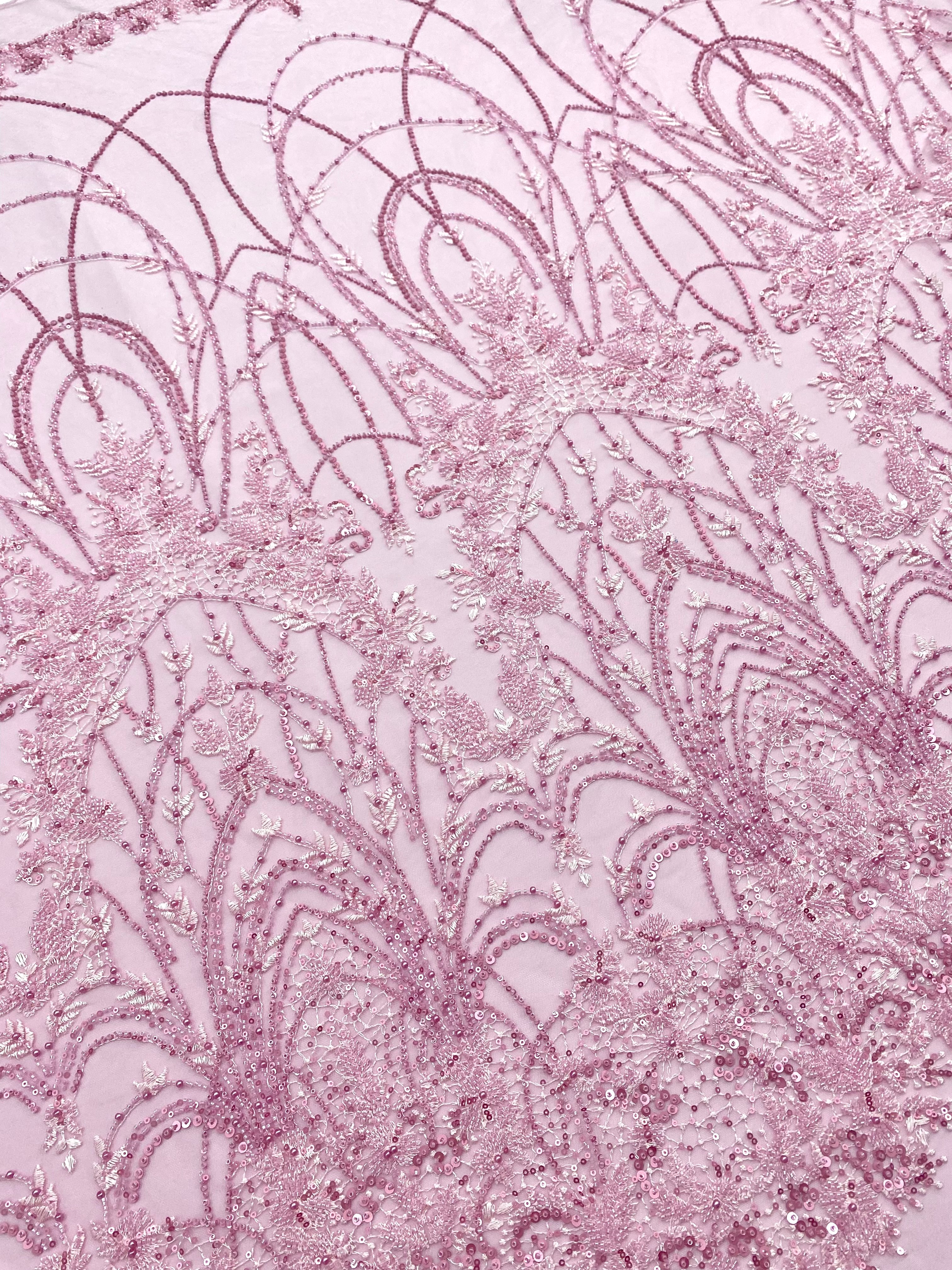 Dantela Couture Roz cu Model Geometric, cu Perle, Margele si Paiete