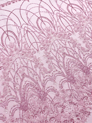 Dantela Couture Roz cu Model Geometric, cu Perle, Margele si Paiete