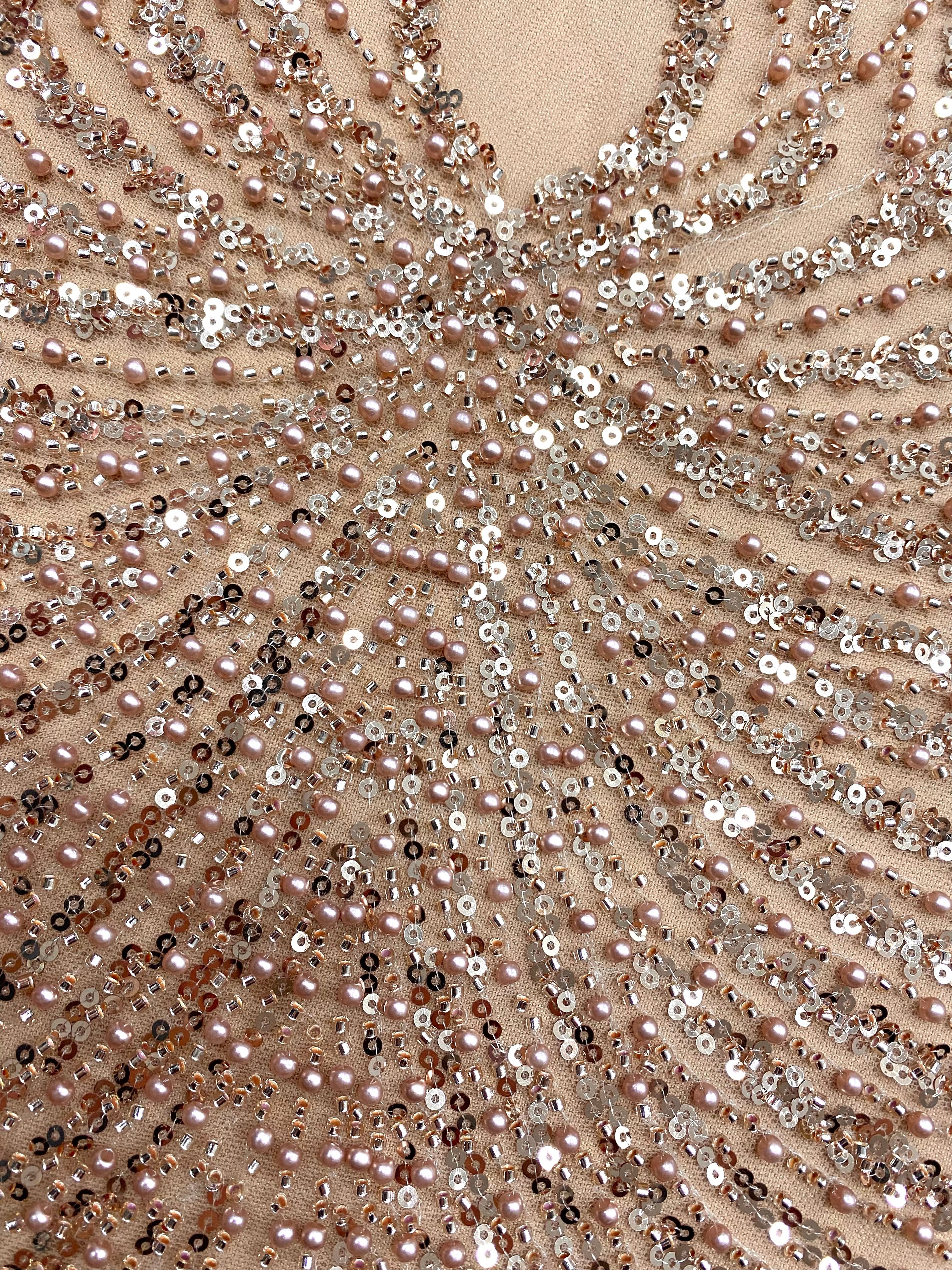 Dantela Couture Auriu Rose cu Panou, cu Perle, Margele si Paiete