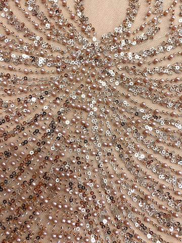Dantela Couture Auriu Rose cu Panou, cu Perle, Margele si Paiete