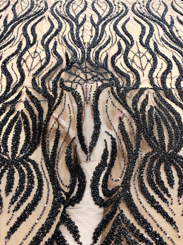 Dantela Couture Neagra cu Model Geometric, cu Margele si Paiete