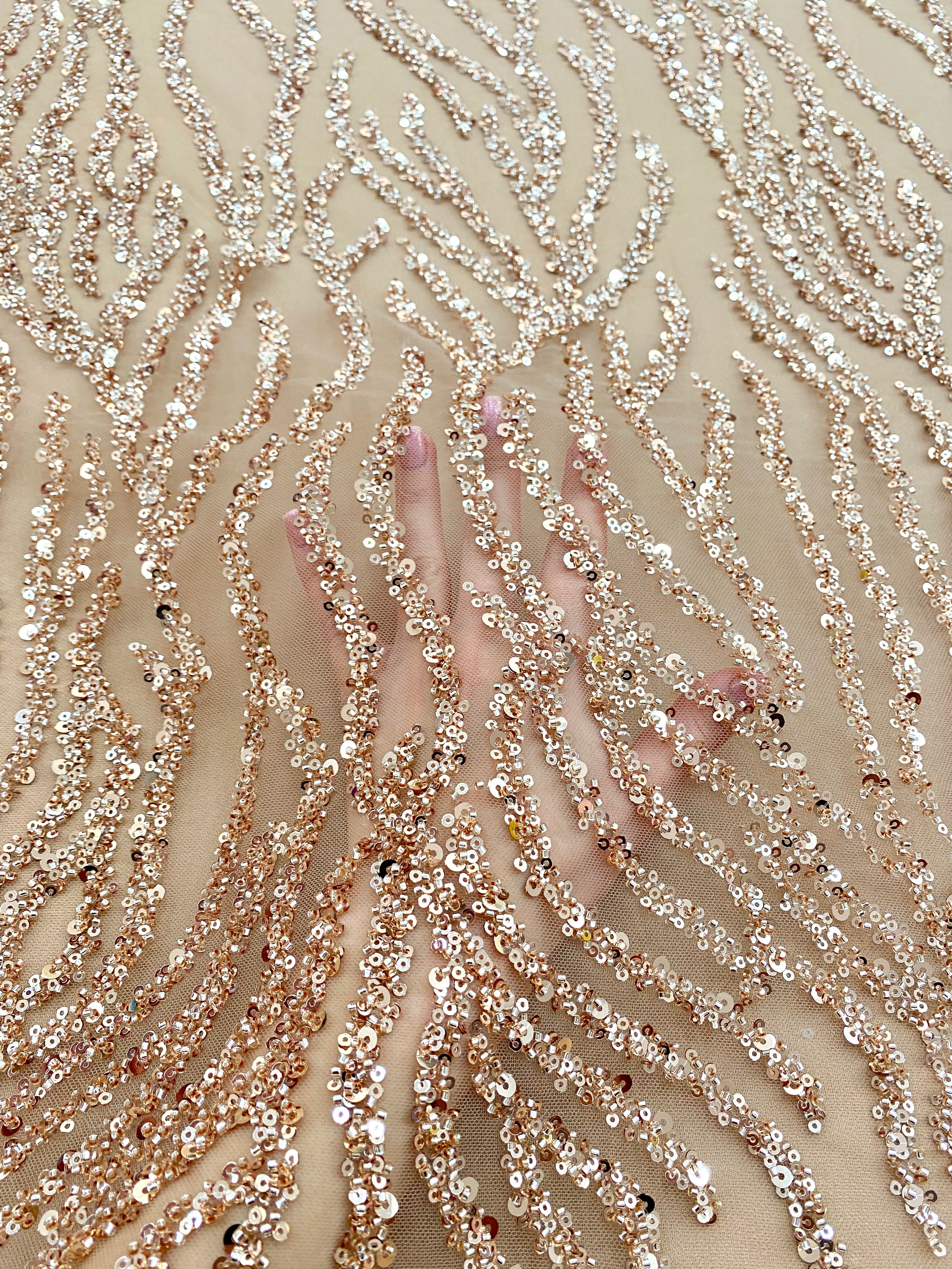 Dantela Couture Auriu Rose cu Siraguri, cu Margele si Paiete