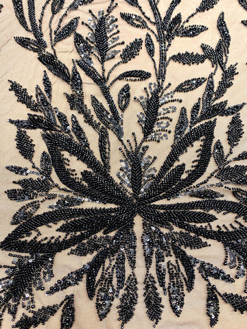 Dantela Couture Neagra cu Model Floral, cu Perle, Margele si Paiete