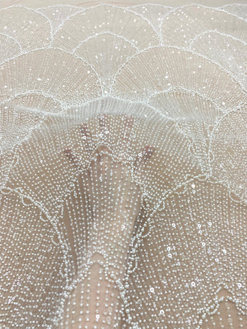 Dantela Couture Ivory cu Model Geometric, cu Perle, Margele si Paiete
