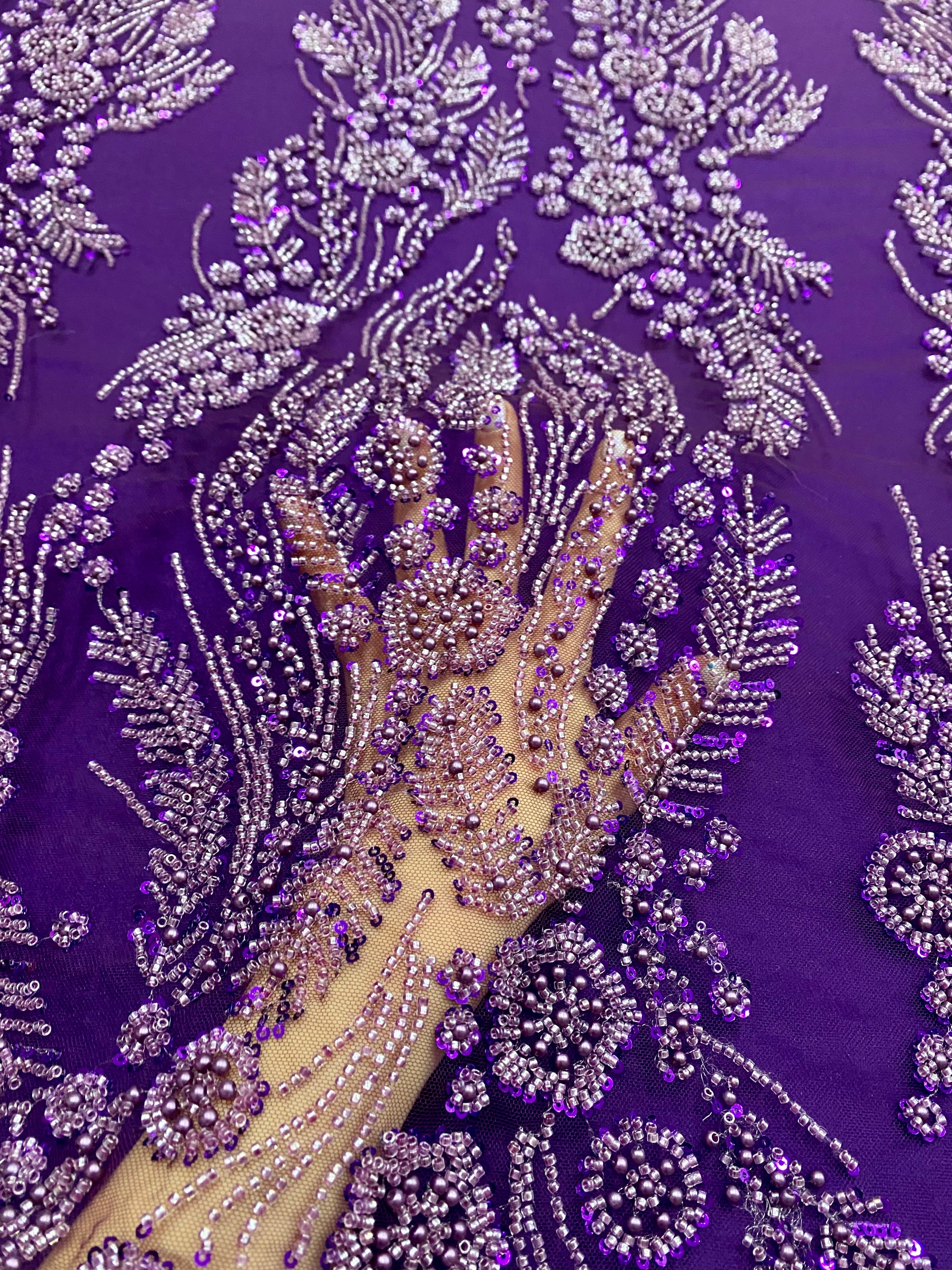 Dantela Couture Mov Inchis cu Model Floral, Perle, Margele si Paiete