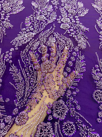 Dantela Couture Mov Inchis cu Model Floral, Perle, Margele si Paiete