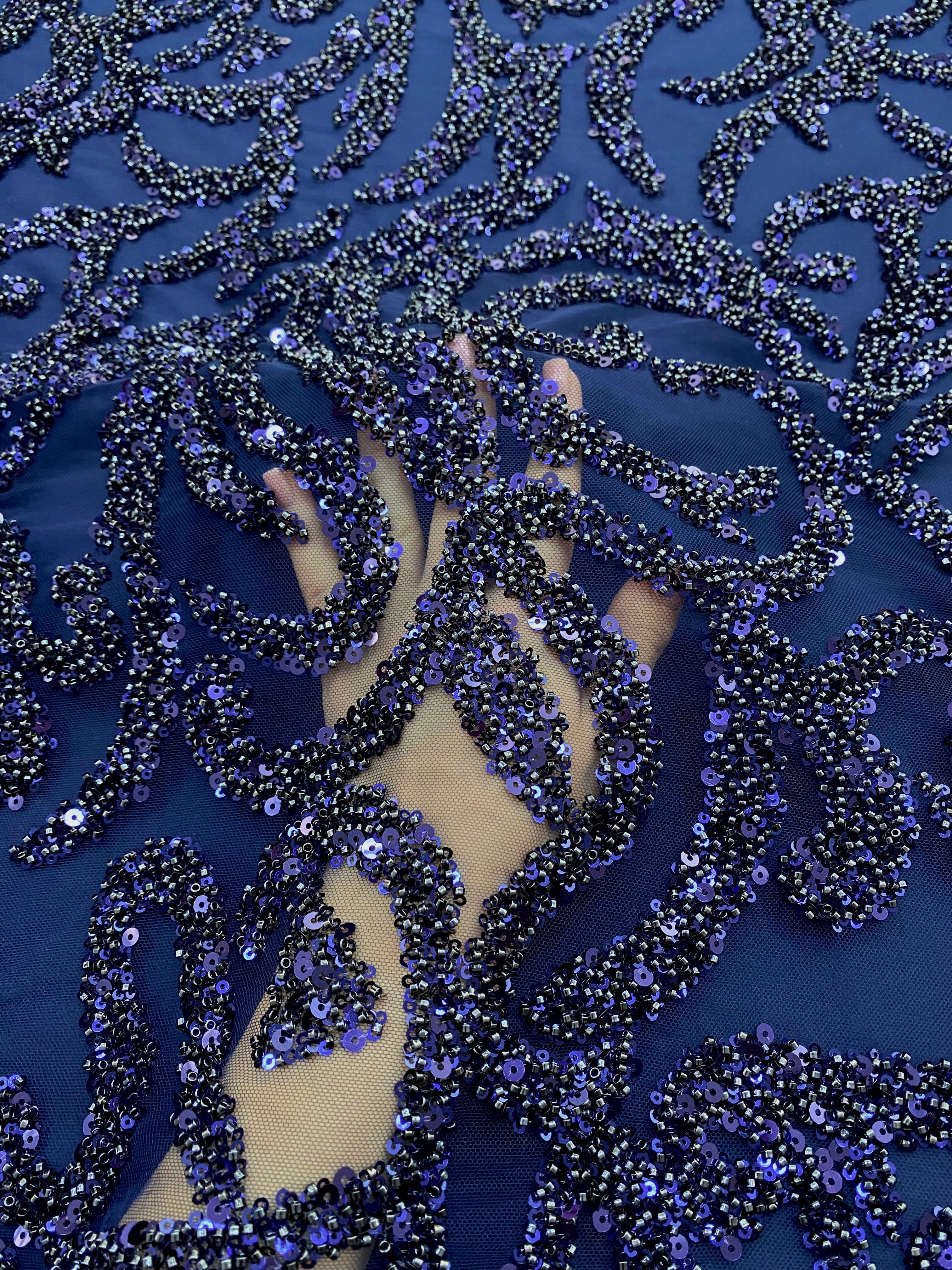 Dantela Couture Bleumarin cu Model Geometric, cu Margele si Paiete