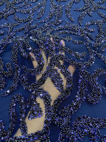 Dantela Couture Bleumarin cu Model Geometric, cu Margele si Paiete