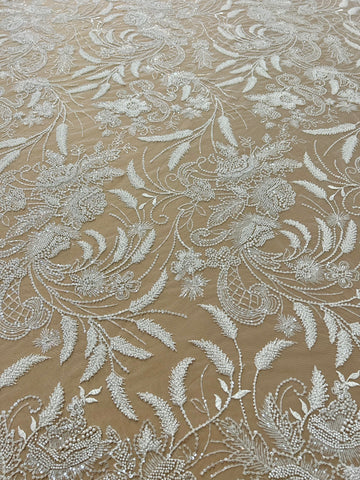 Dantela Ivory cu Model Floral, cu Perle, Margele si Paiete