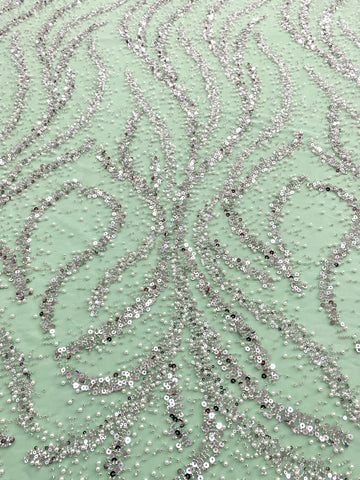 Dantela Couture Argintie pe Tulle Verde Menta cu Perle, Margele si Paiete