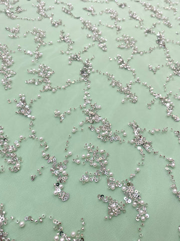 Dantela Couture Argintie pe Tulle Verde Menta cu Perle, Margele si Paiete