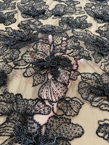 Csipke Couture 3D antracitszürke virágokkal, gyöngyökkel és flitterekkel