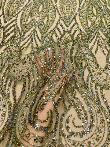 Dantela Couture Olive geometriai mintával, gyöngyökkel, gyöngyökkel és flitterekkel