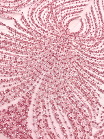 Dantela Couture Roz cu Panou, cu Perle, Margele si Paiete