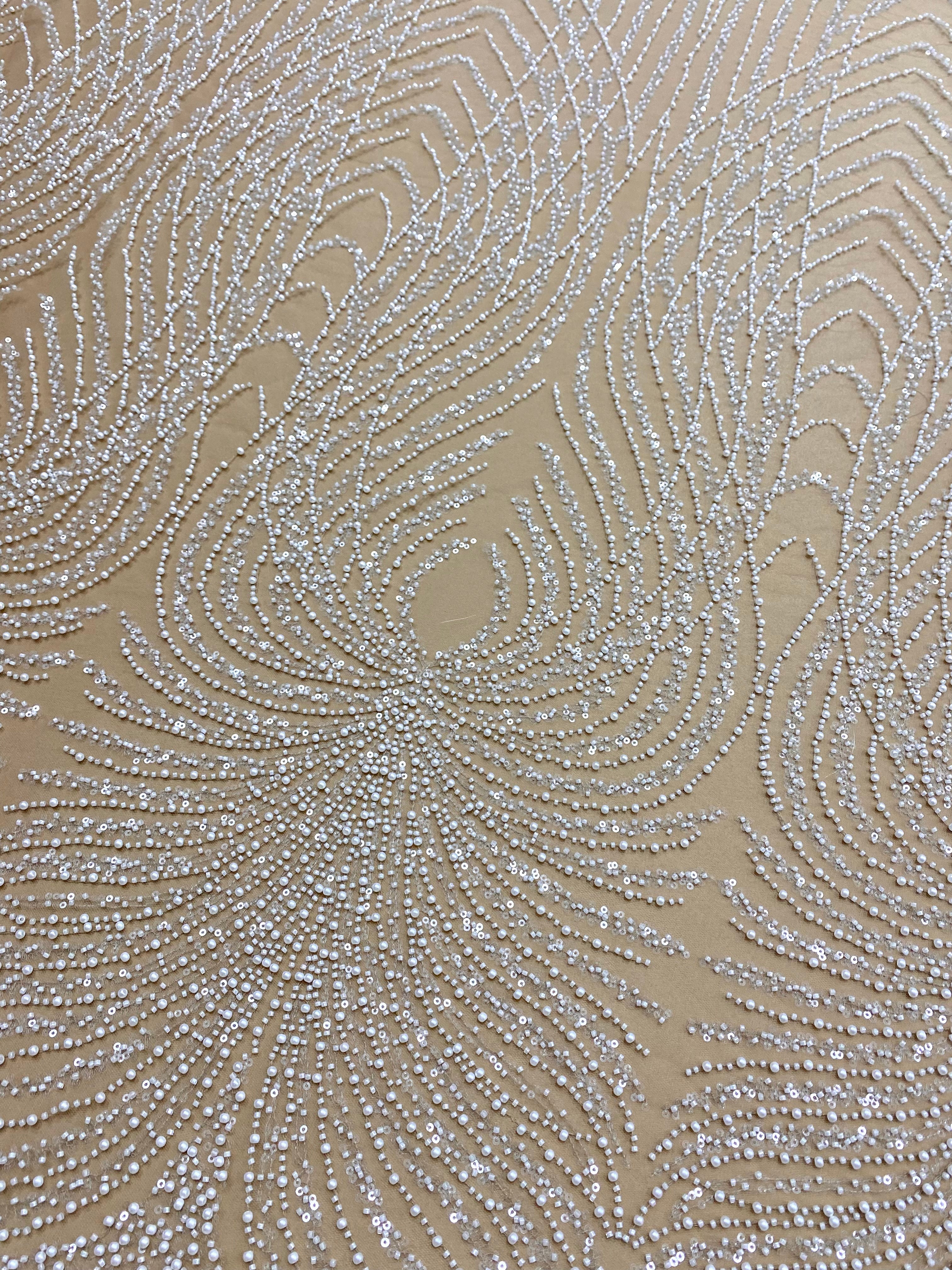 Dantela Couture Ivory cu Tulle Nude cu Panou, cu Perle, Margele si Paiete