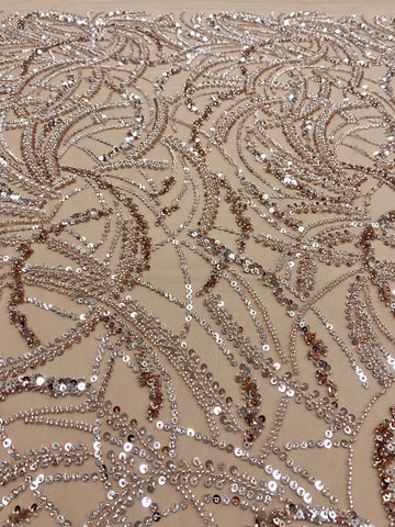 Dantela Couture Auriu Rose cu Model Geometric, Margele si Paiete