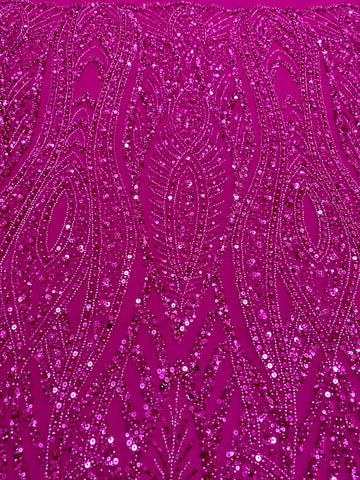 Dantela Couture Fucsia geometriai mintával, gyöngyökkel, gyöngyöcskékkel és flitterekkel