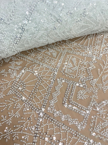 Dantela Couture Ivory cu Model Geometric, cu Margele si Paiete