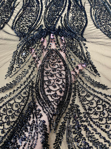 Dantela Couture Neagra cu Panou, cu Perle, Margele si Paiete