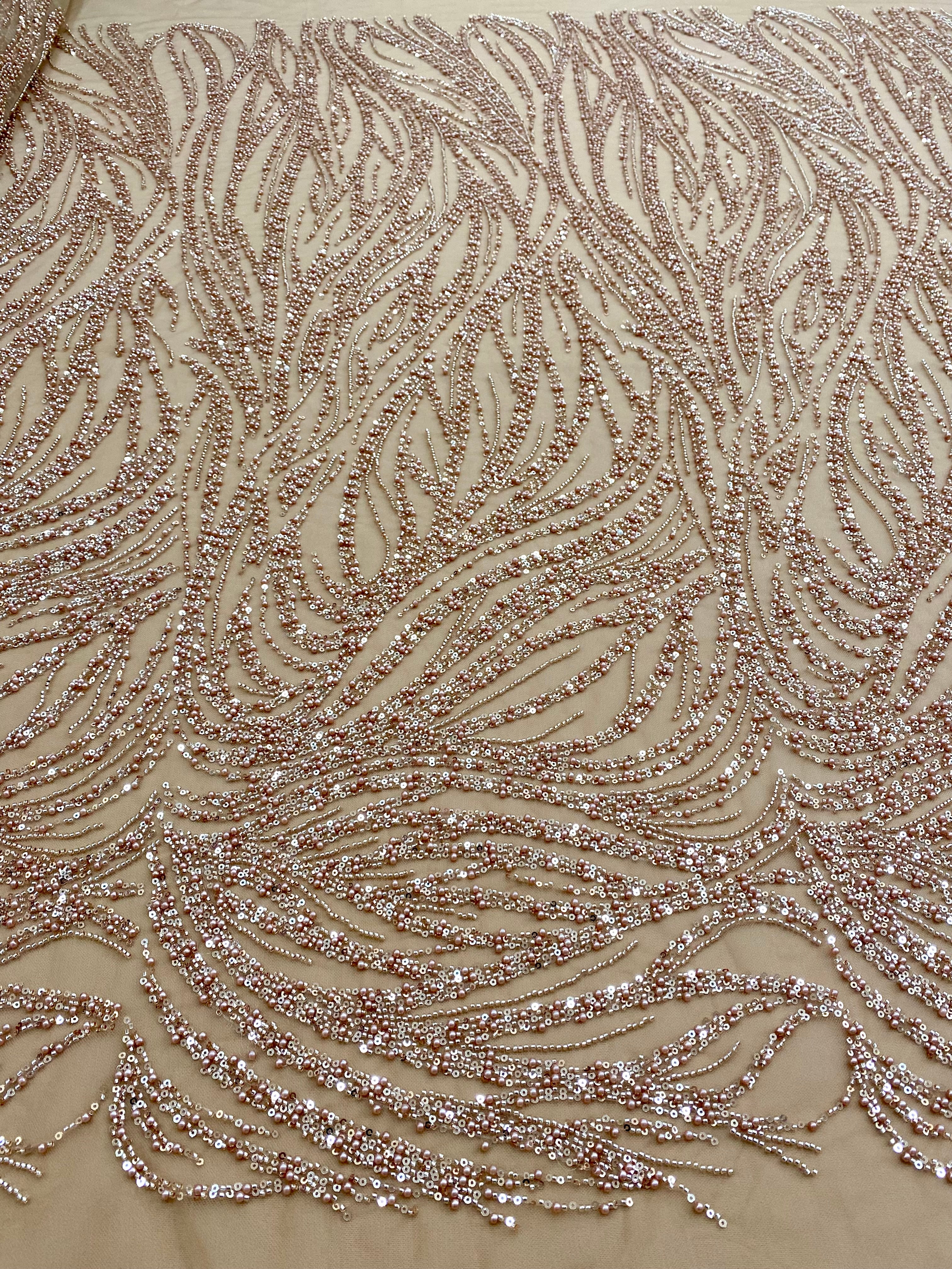 Dantela Couture Auriu Rose cu Model Liniar, cu Margele si Paiete