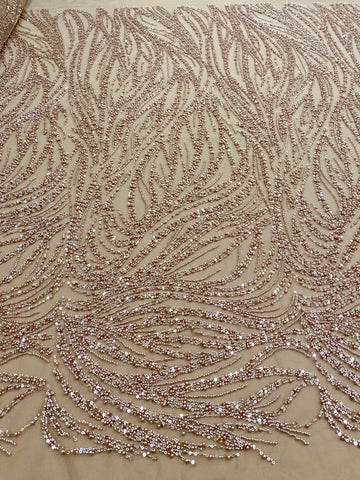 Dantela Couture Auriu Rose cu Model Liniar, cu Margele si Paiete