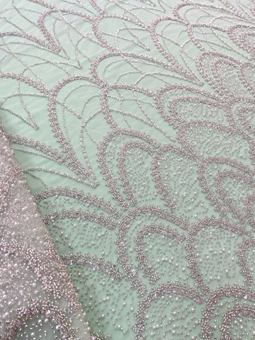 Dantela Couture Argintie pe Tulle Verde Menta cu Model Geometric, cu Perle, Margele si Paiete