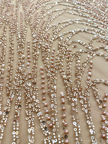 Dantela Couture Auriu Rose cu Model Liniar, cu Margele si Paiete