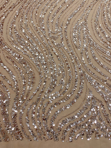 Dantela Couture Auriu Rose cu Model Liniar, cu Margele si Paiete