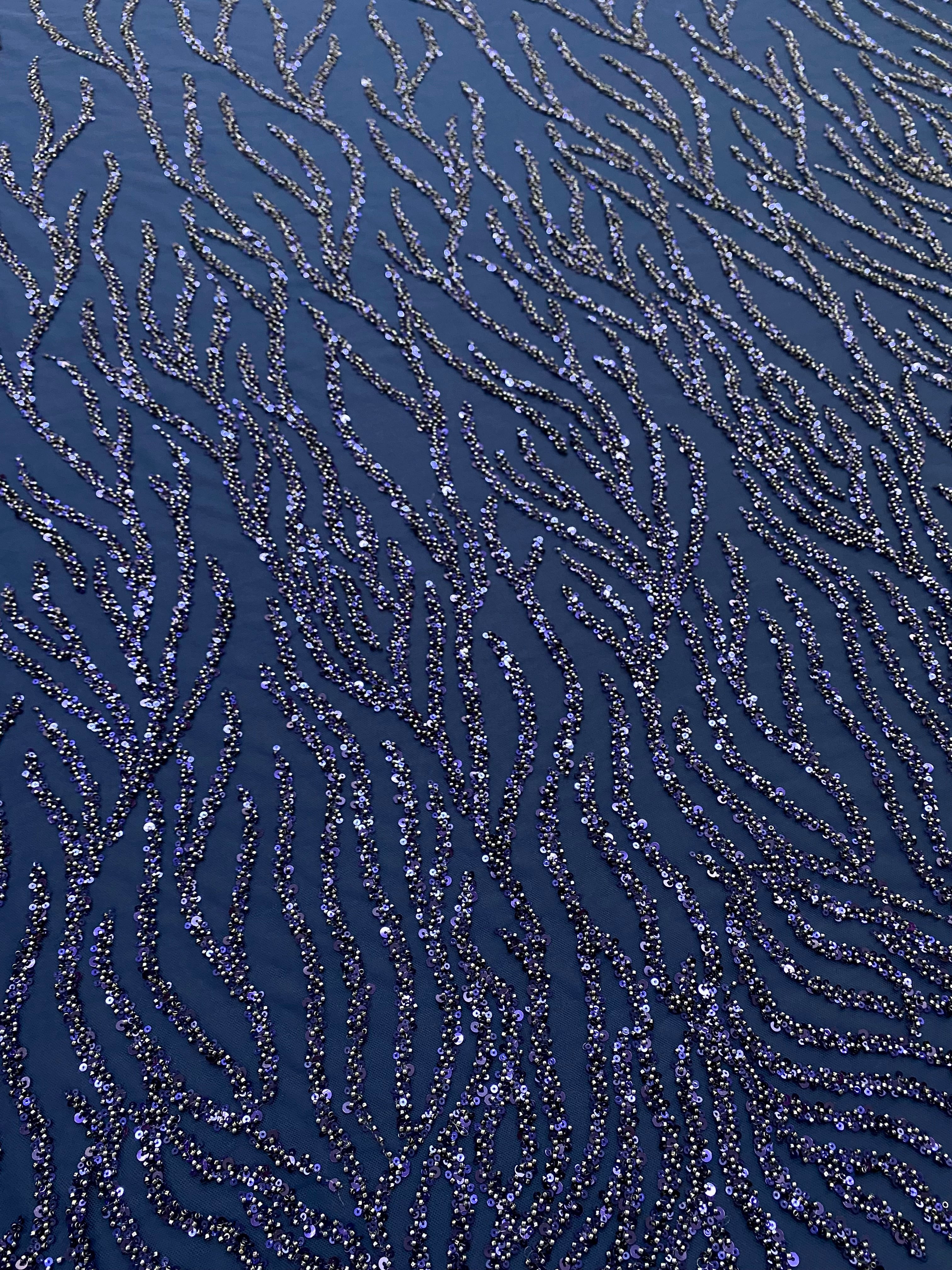 Dantela Couture Bleumarin cu Siraguri, cu Margele si Paiete