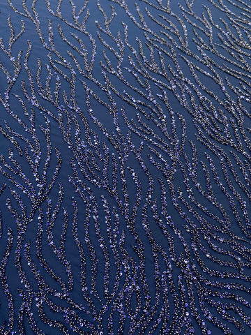 Dantela Couture Bleumarin cu Siraguri, cu Margele si Paiete