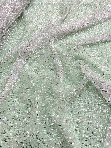 Dantela Couture Argintie pe Tulle Verde Menta cu Model General, cu Margele si Paiete