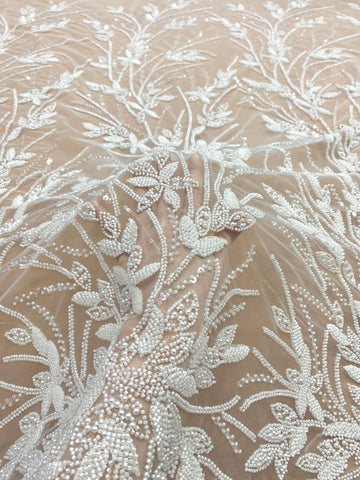 Dantela Couture Ivory cu Model Floral, Perle, Margele si Paiete