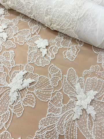 Dantela Couture 3D cu Flori Ivory, cu Margele si Paiete