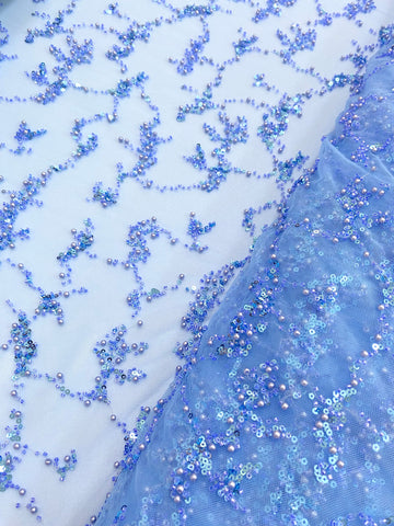 Dantela Couture Sky Blue cu Perle, Margele si Paiete