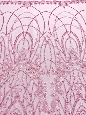 Dantela Couture Roz cu Model Geometric, cu Perle, Margele si Paiete