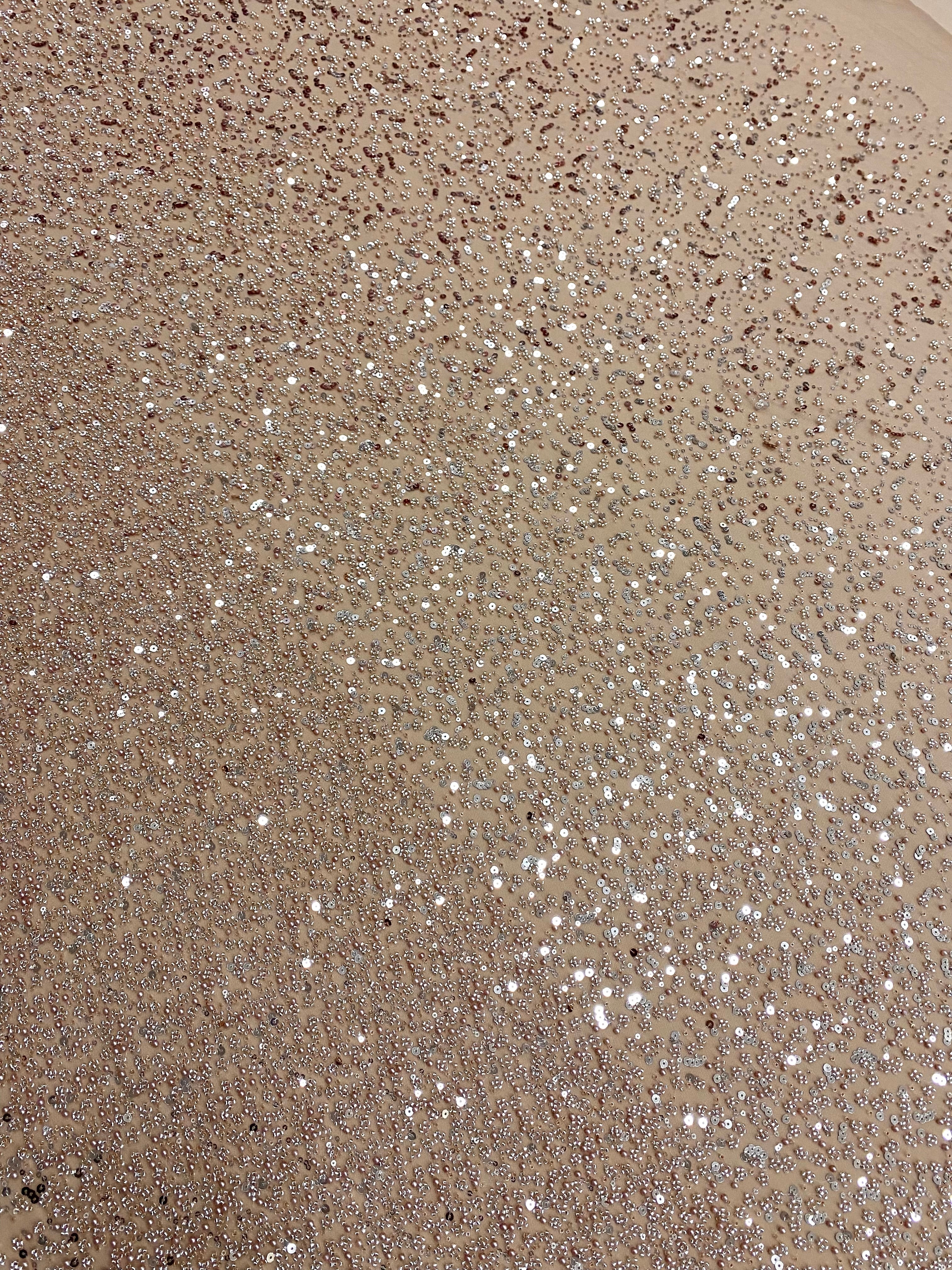 Csipke Couture arany rózsaszín átmenetes, gyöngyökkel, gyöngyökkel és flitterekkel