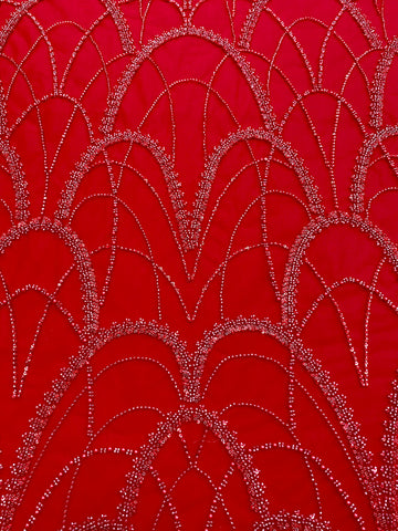 Dantela Couture Rosie cu Model Geometric, cu Perle, Margele si Paiete