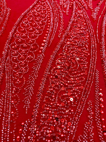 Piros Couture csipke geometriai mintával, gyöngyökkel, gyöngyöcskékkel és flitterekkel
