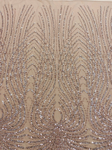 Dantela Couture Auriu Rose cu Panou, cu Perle, Margele si Paiete