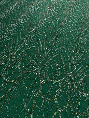 Dantela Couture Verde Smarald cu Model Geometric cu Margele si Paiete