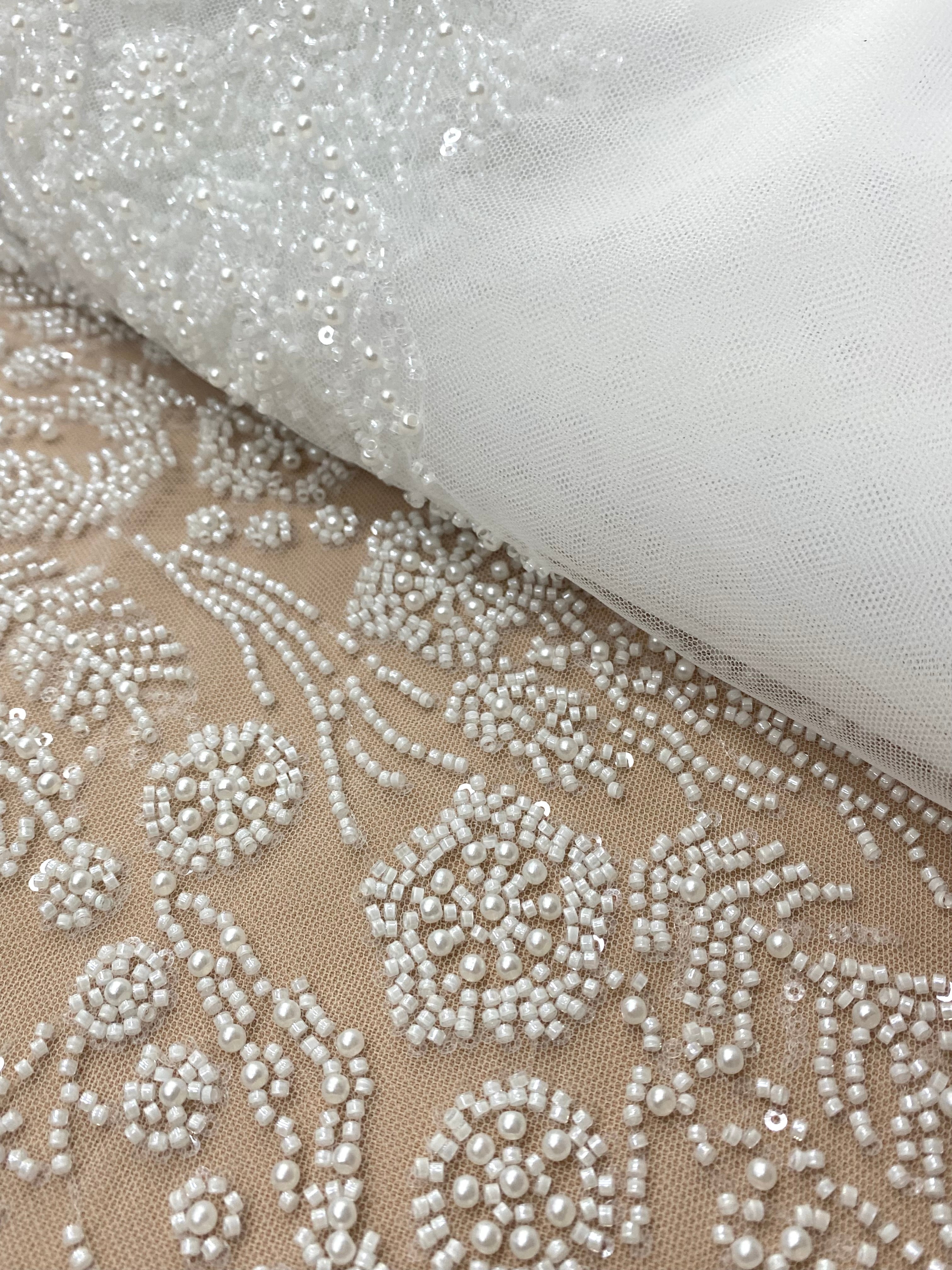 Dantela Couture Ivory cu Model Floral, Perle, Margele si Paiete