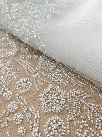 Dantela Couture Ivory cu Model Floral, Perle, Margele si Paiete