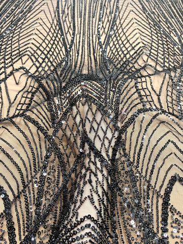 Dantela Couture Neagra cu Panou, cu Margele si Paiete