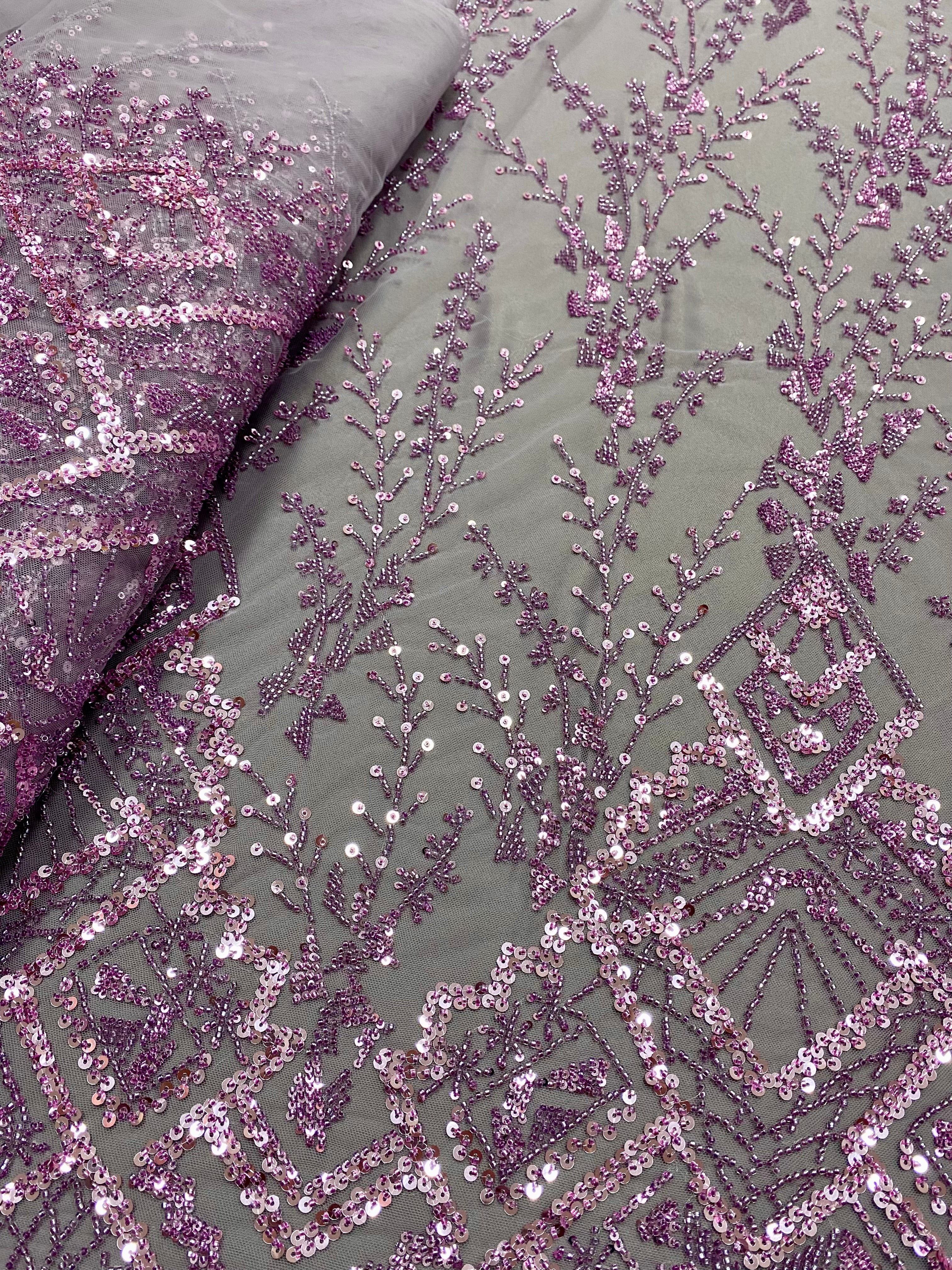 Dantela Couture Pudra cu Model Geometric, cu Margele si Paiete