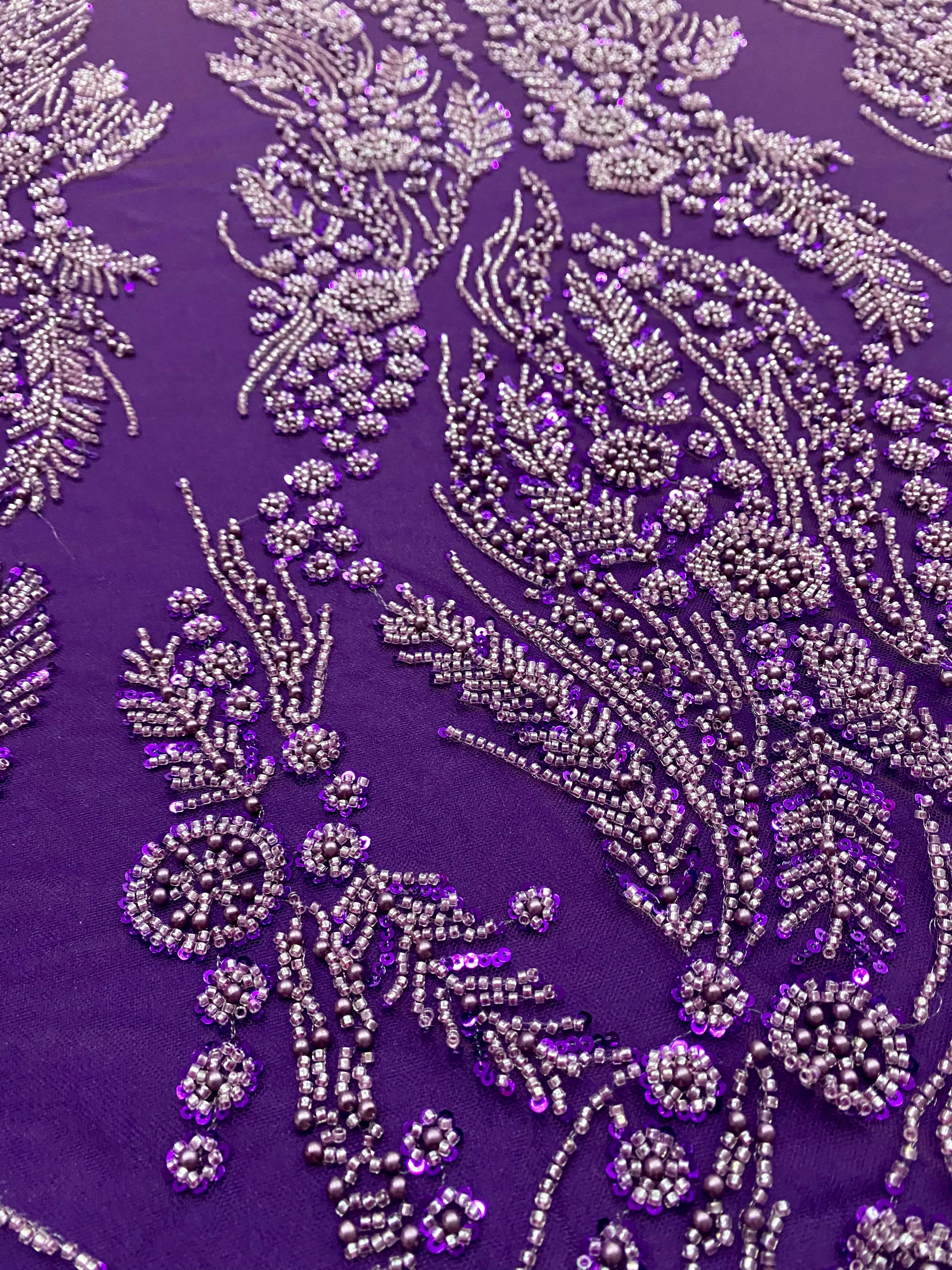 Dantela Couture Mov Inchis cu Model Floral, Perle, Margele si Paiete