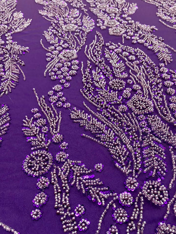 Dantela Couture Mov Inchis cu Model Floral, Perle, Margele si Paiete