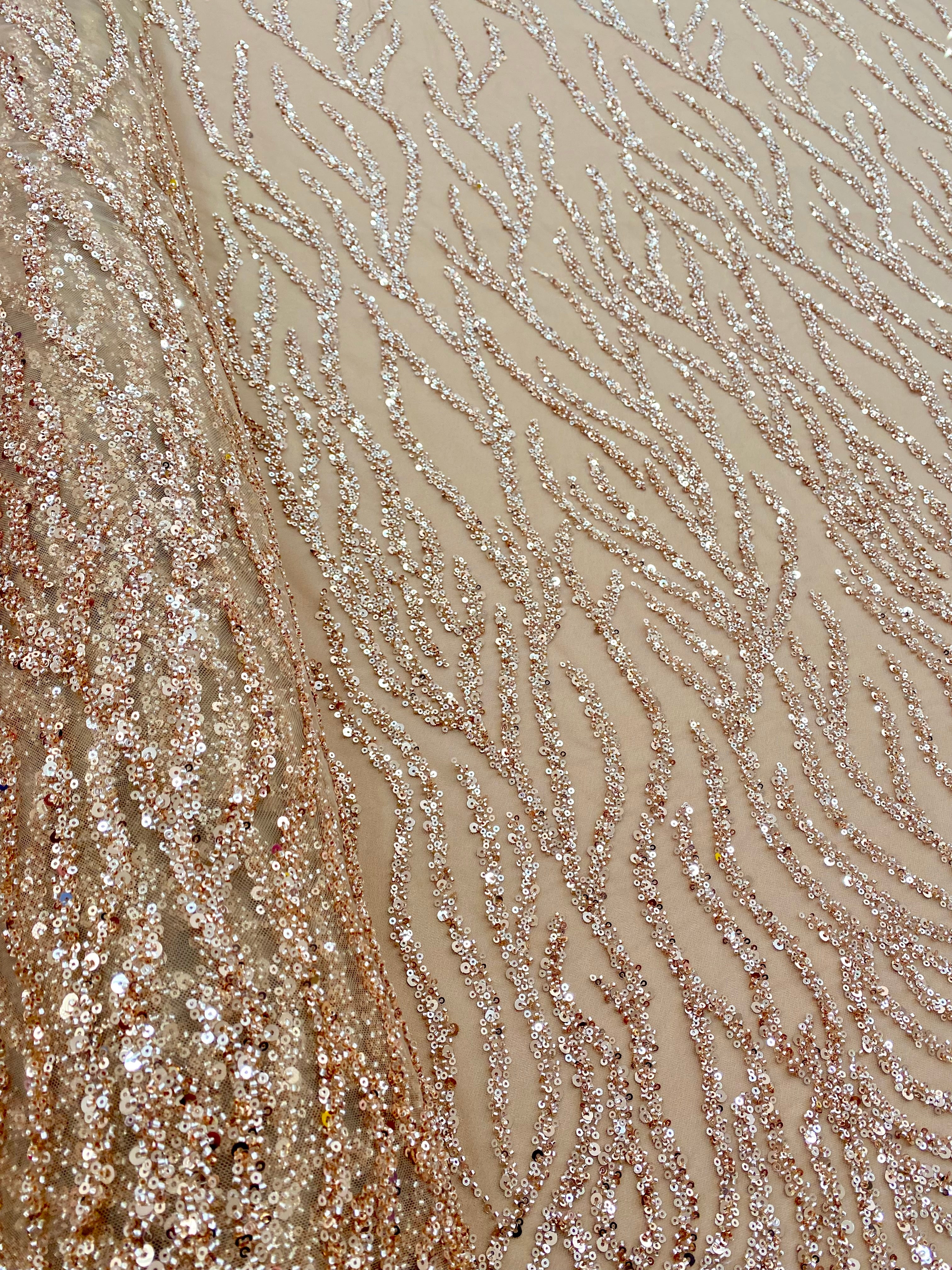 Dantela Couture Auriu Rose cu Siraguri, cu Margele si Paiete