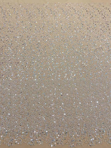 Dantela Couture Argintie pe Tulle Nude in Degrade, cu Perle, Margele si Paiete