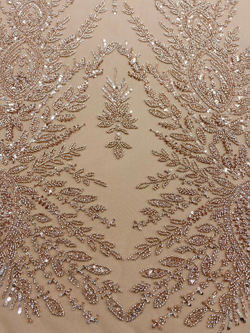 Dantela Couture Auriu Rose cu Model Simetric, cu Margele si Paiete